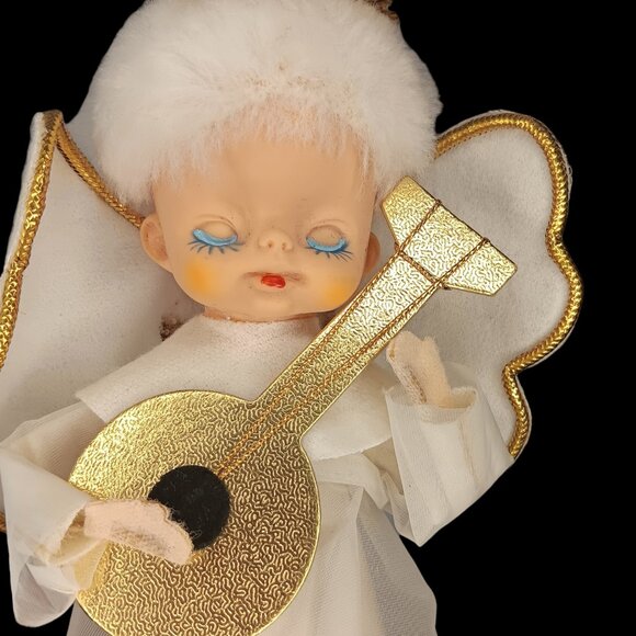 Vintage Cardboard Angel Tree Topper Playing Guitar Mandolin White Gold 9" X 4" - Picture 2 of 11